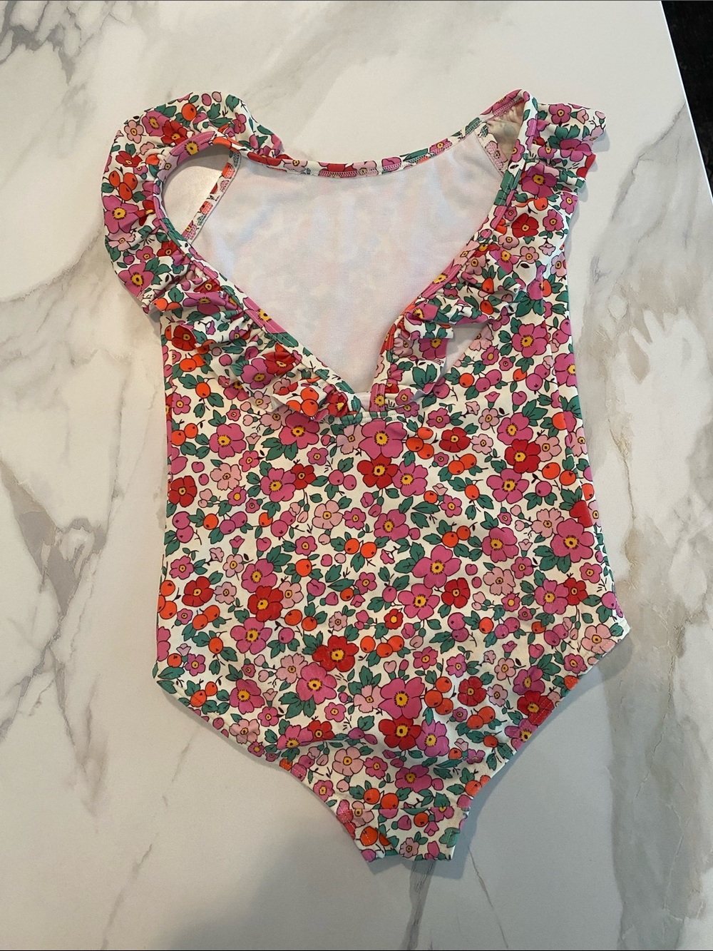 Mini Boden Frill Strap one piece swimsuit floral w/off white background - Picture 2 of 5